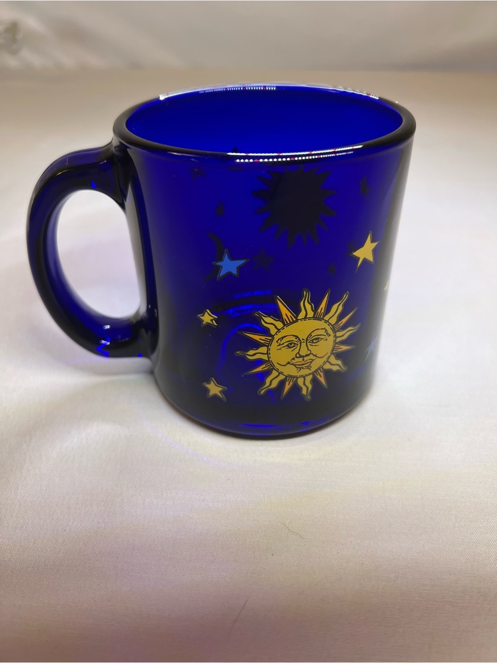 Libbey Cobalt Blue Glass Mug with Gold Sun & Star Design “Friends”
